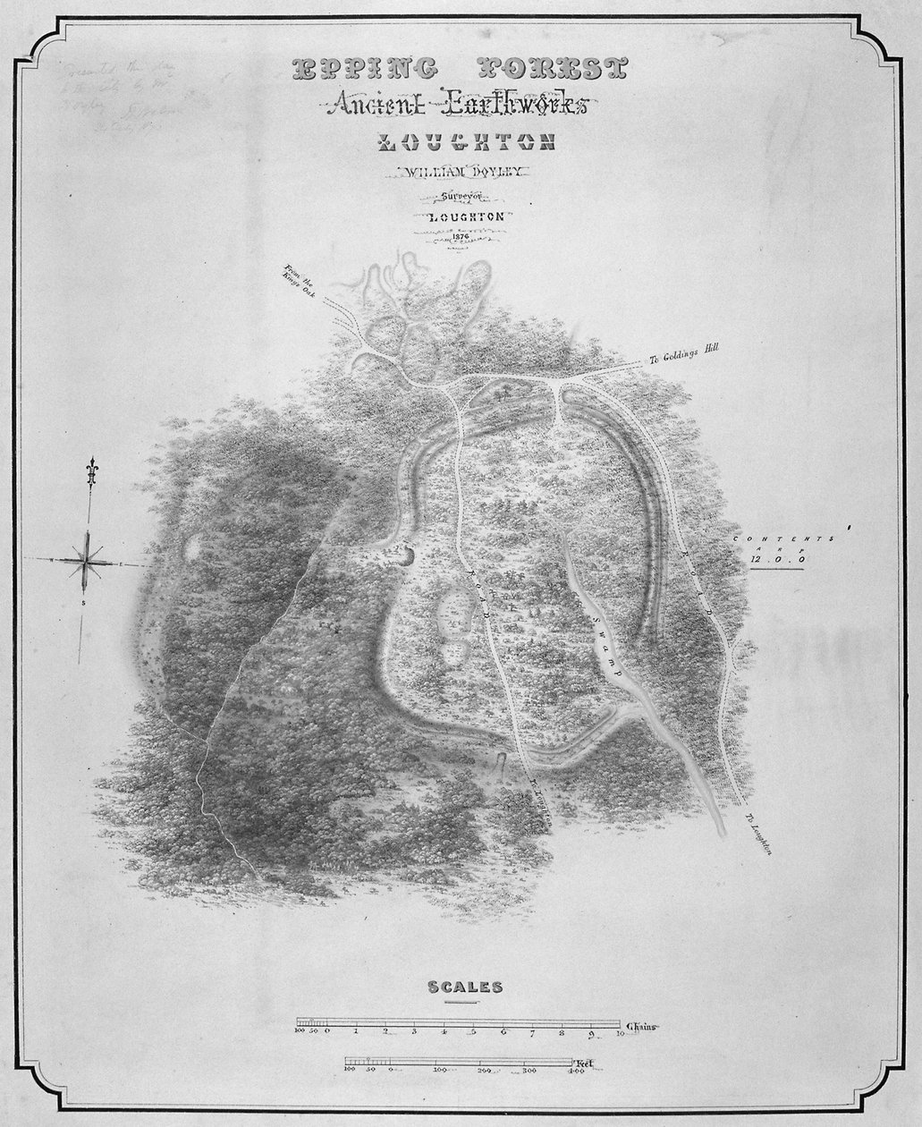 Kort over de gamle jordarbejder i Loughton Camp lavet omkring år 52 i Epping Forest, Essex, 1876 af William d