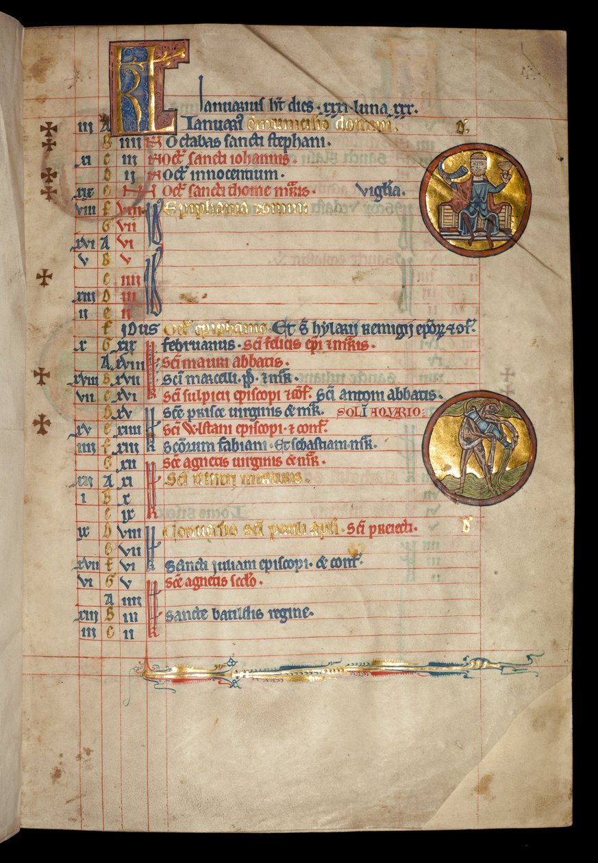 Ms 322 f.1r Januar, en trehovedet mand drikker, illustration fra "De Brailes Psalter", ca. 1250 af William de Brailes  