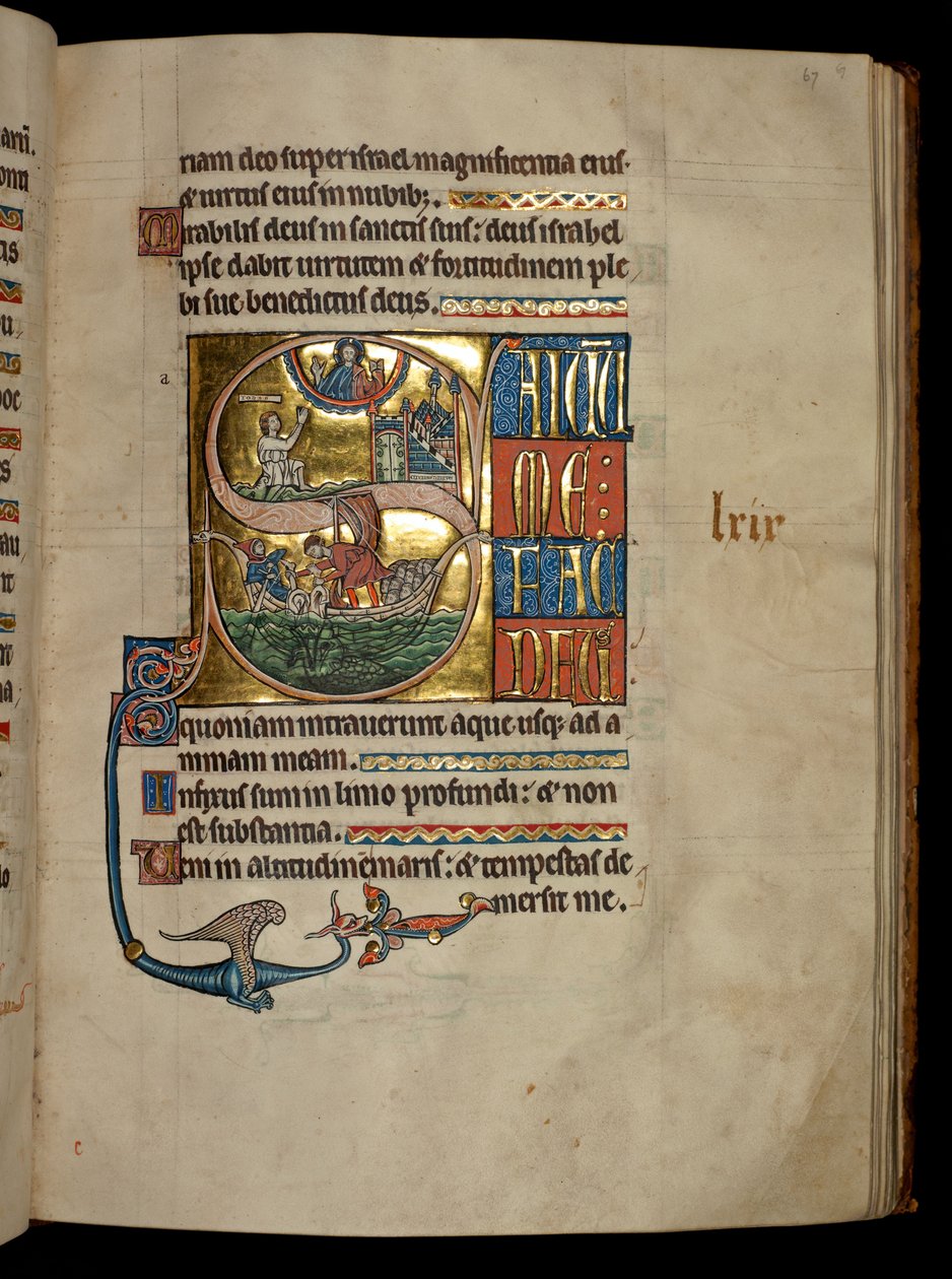 Ms 322 f.67r, Salme 68, initial S, Jonas beder til Kristus ved hans udgang fra hvalen og Jonas kastet til hvalen, illustration fra 