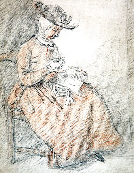 Kvinde siddende syning (rød og sort kridt på papir) af William of Bath Hoare