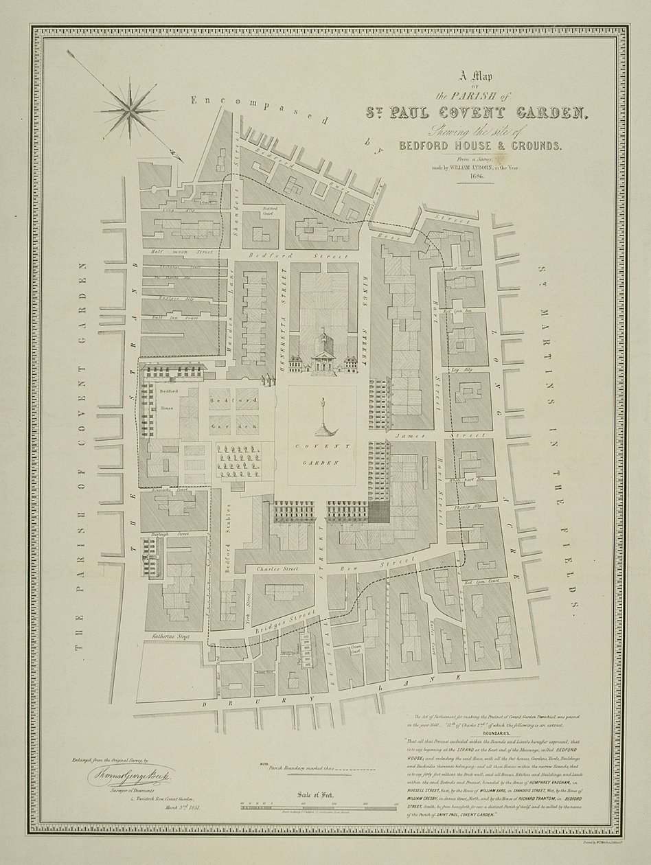 Kort over sognet St. Paul, Covent Garden, der viser stedet for Bedford House og grunde, udgivet af W.P. Metchim, 1686 af Willian Leybourn