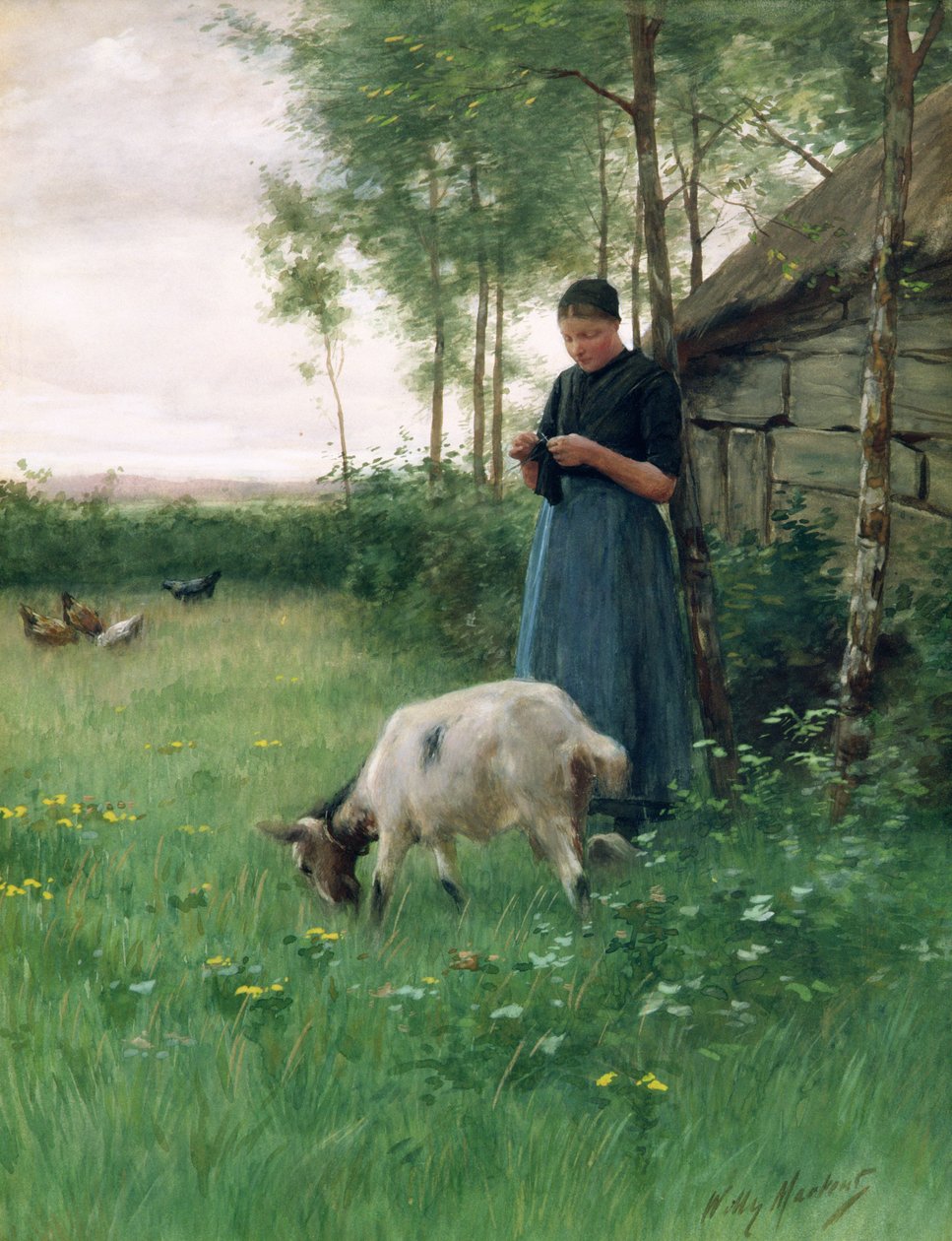 En hollandsk pige med ged og høns, ca. 1910 af Willy Martens
