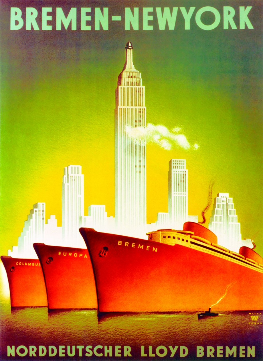 "Bremen - New York", reklameplakat for Nordtyske Lloyd Line af Willy Hanke
