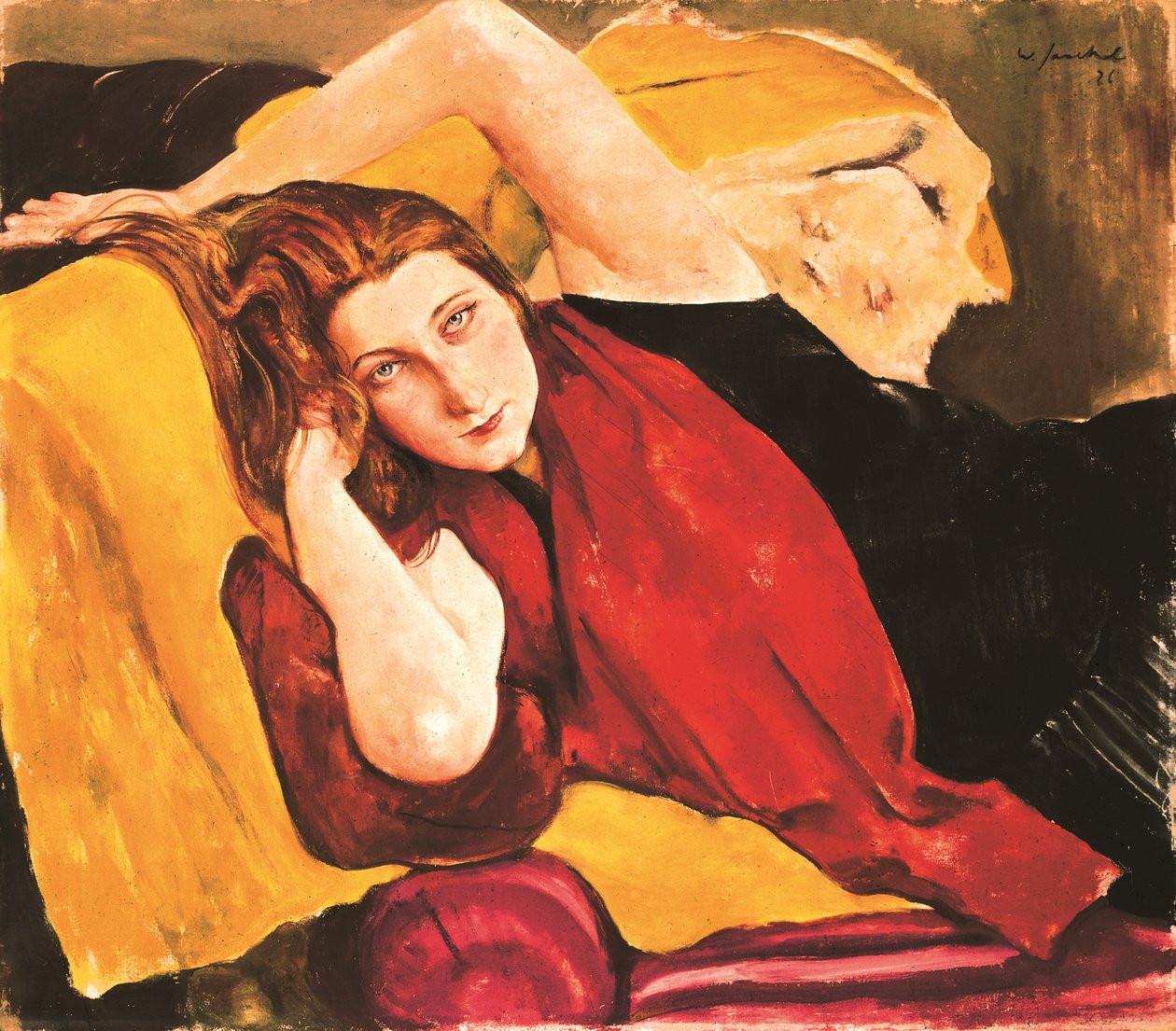 Portræt af en ung pige med en rød stola - Portræt af en pige med rødt tørklæde, af Jaeckel, Willy (1888-1944). olie på lærred af Willy Jaeckel