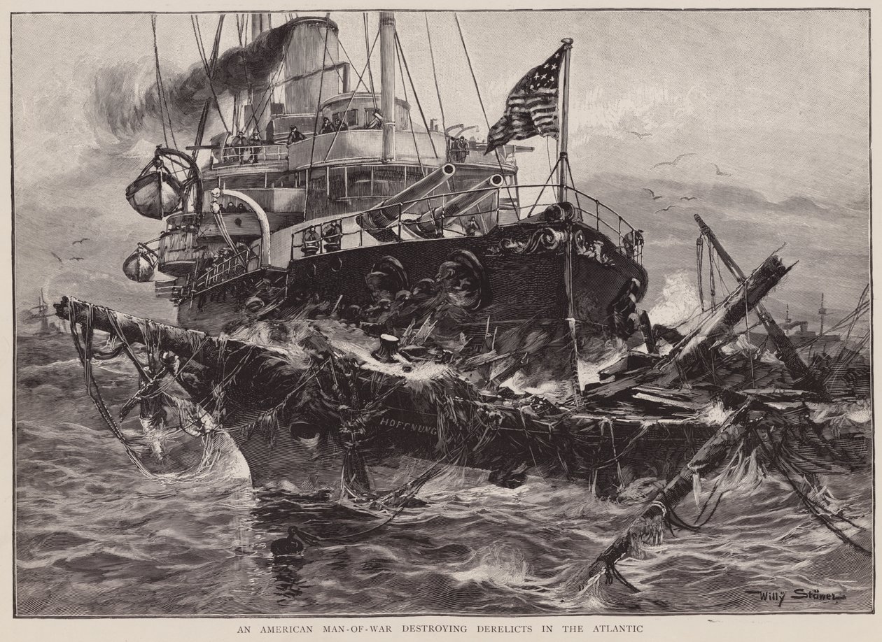 En amerikansk krigsmand ødelægger vrag i Atlanterhavet (litografi) af Willy Stower