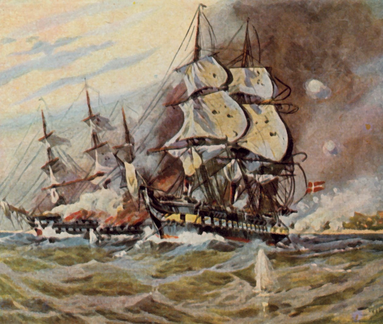 Tyske strandbatterier nær Eckernförde, 5. april 1849 (forstærket farvelitografi) af Willy Stower