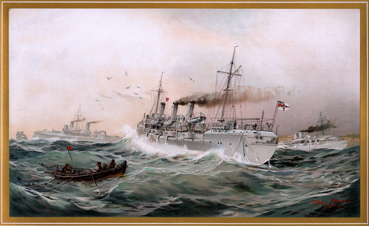 Kaiserliche Marine Griffin, Meteor og Jagd ser ud på brystbyen, kromo-litografi af Willy Stöwer 1894, nr9 fra G. Wislicenus, Unsre Kriegsmarine. af Willy Stöwer