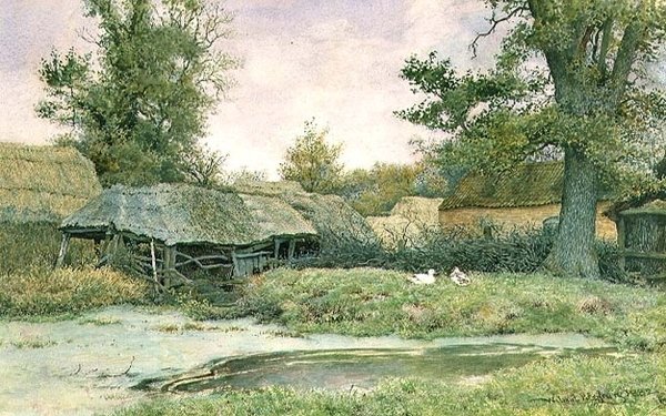 Gårdhave med andedam og ænder af Wilmot R.W.S. Pilsbury