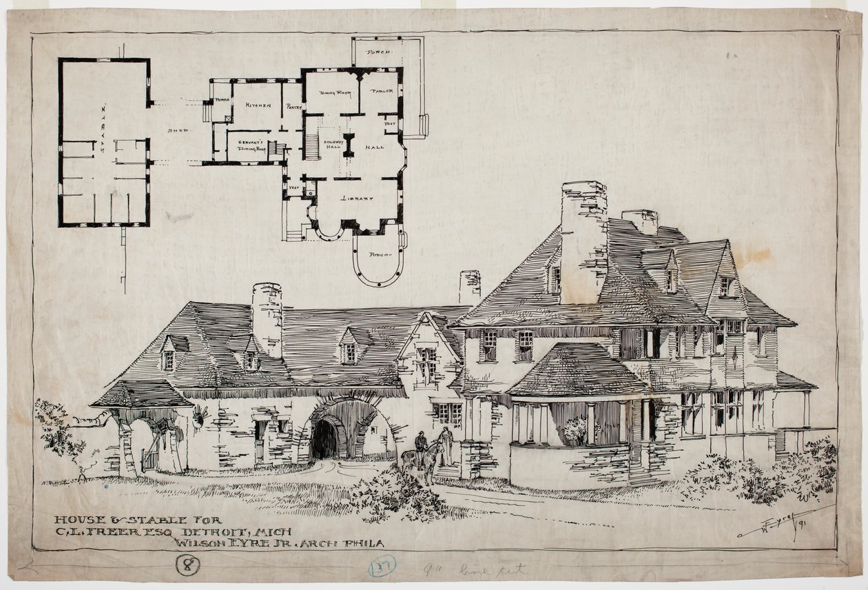 Freer Residence, House and Stable, 1891 (pen og blæk over grafitblyant på papir) af Wilson Eyre