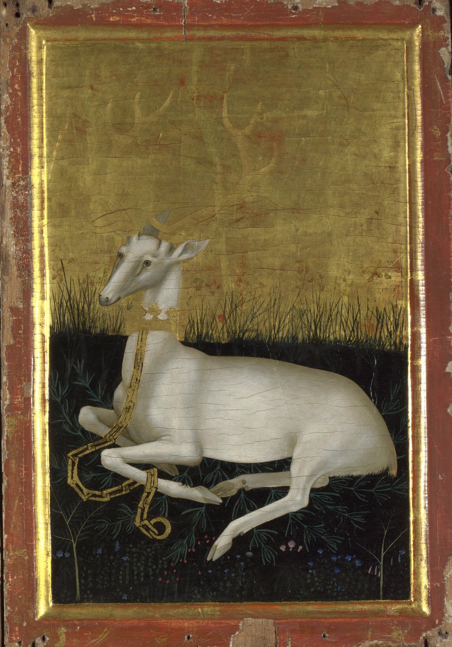 En hvid hjerte lænket med en krone om halsen Yderpanelet på Wilton Diptykon, mellem 1395 og 1399 af Wilton Master