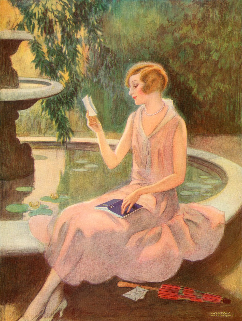 Ung kvinde læser et kærlighedsbrev ved et springvand, ca. 1925 (screenprint) af Wilton Williams