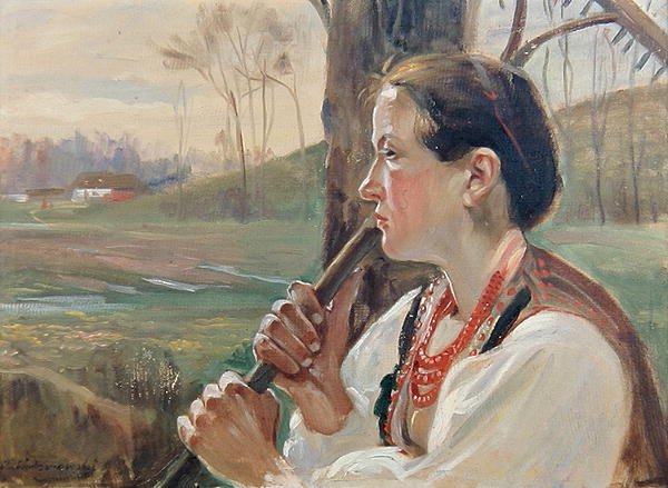 Pige med rive, ca. 1914 (olie på bord) af Wincenty Wodzinowsky