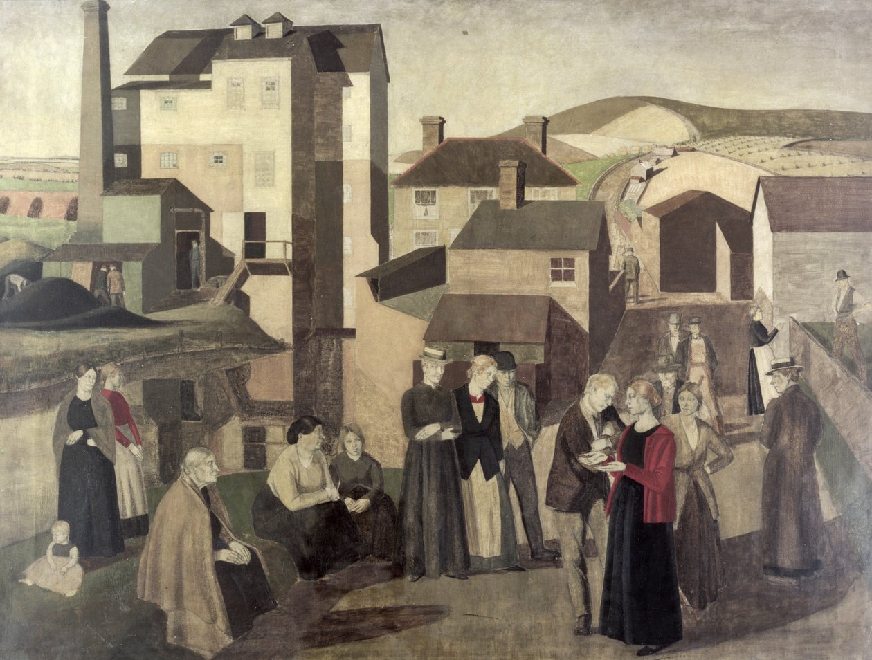 En scene i en landsbygade med møllehænder i samtale af Winifred Knights