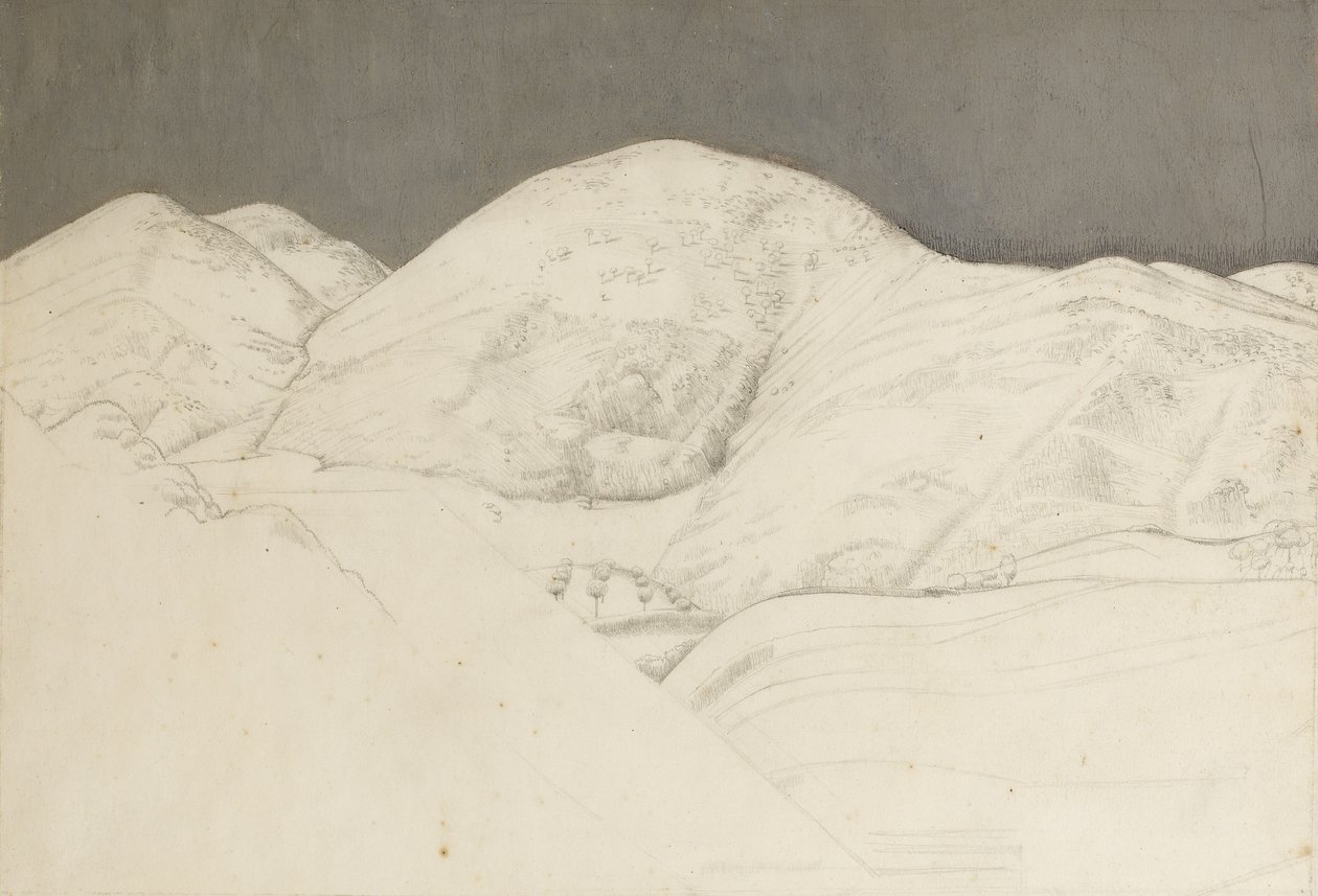 Landskabsstudie for Santisima Trinita, ca. 1924 (blyant og olie på papir) af Winifred Knights