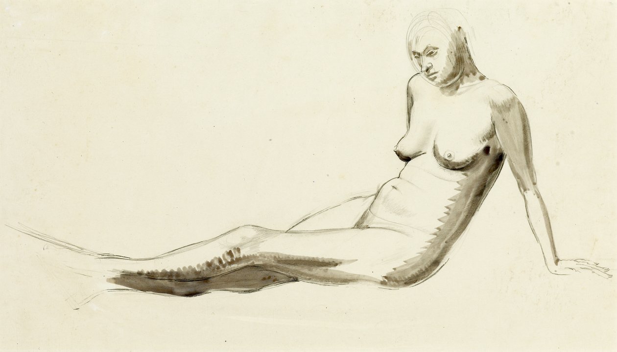 Siddende nøgen, ca. 1919 (pen og vask over blyant) af Winifred Knights
