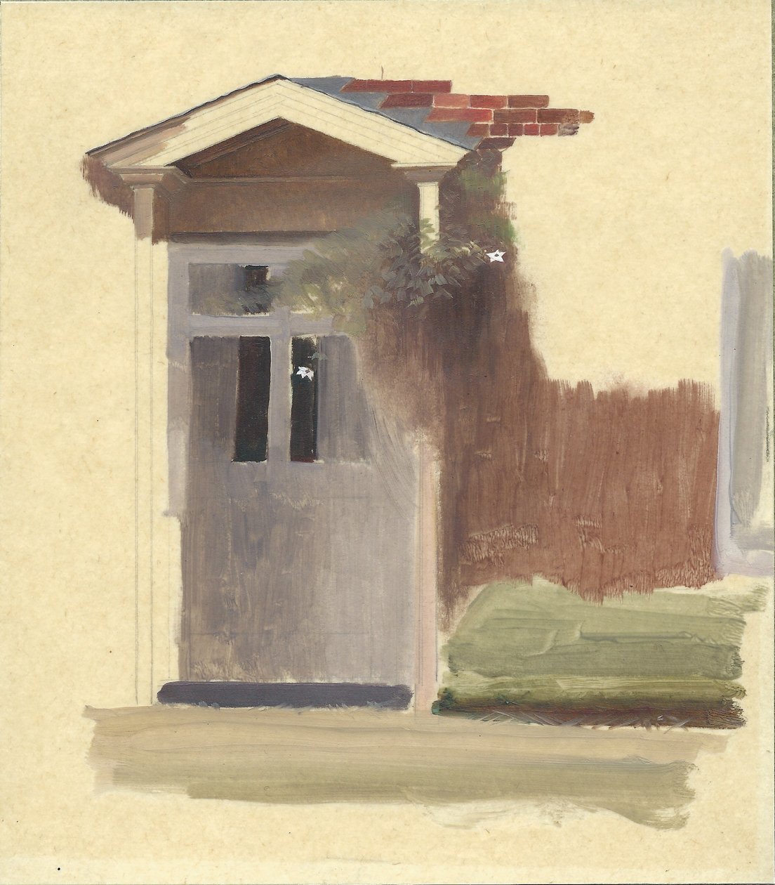 Indgangsdøren til Line Holt Farm House (olie over blyant på kalkerpapir) af Winifred Knights