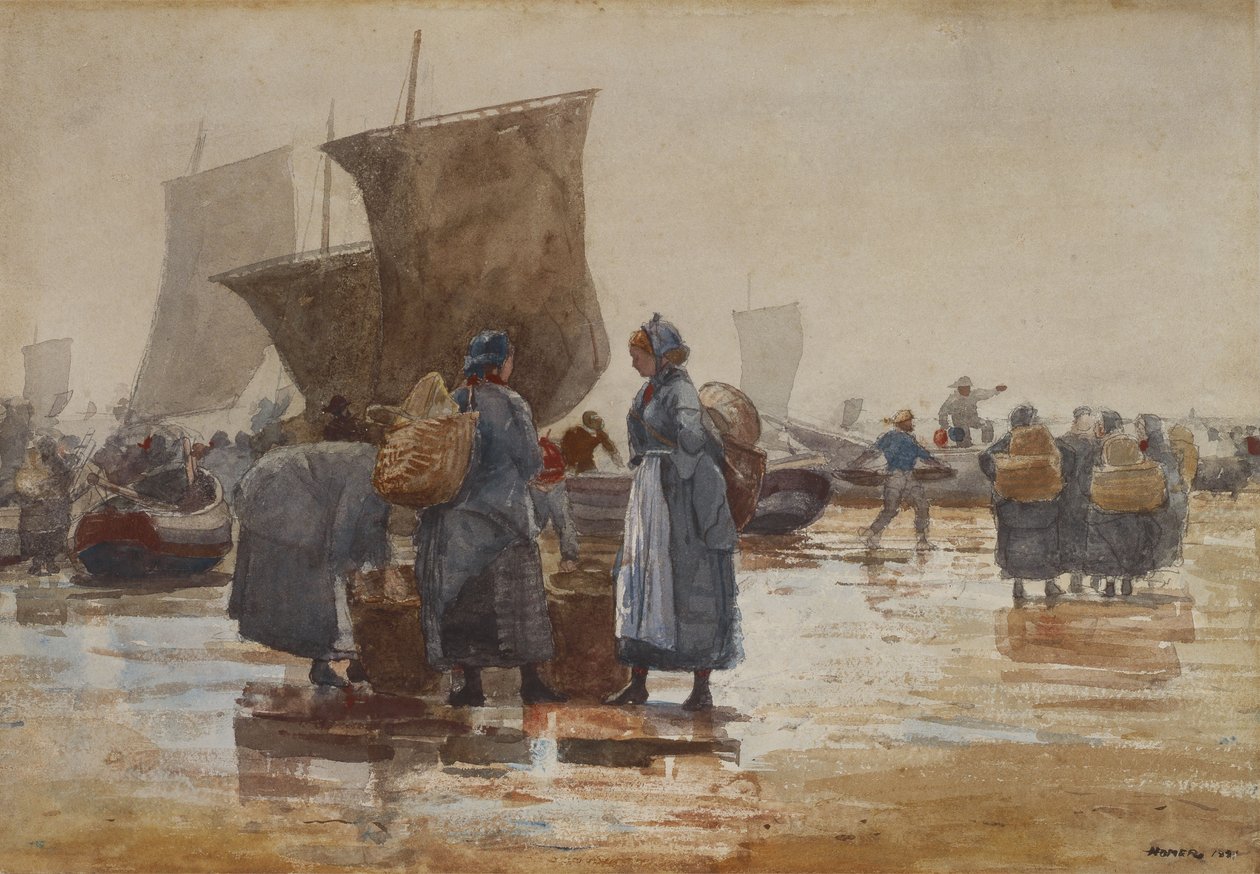 Fiskere på stranden ved Cullercoats af Winslow Homer