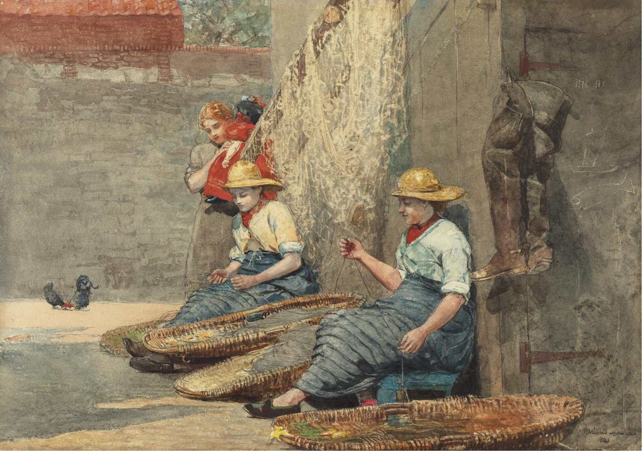 Fiskerpiger, der vikler grej af Winslow Homer