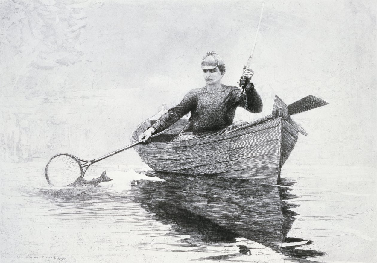 Fluefiskeri på Saranac-søen, 1889 (ætsning og akvatint på lignende japansk papir) af Winslow Homer