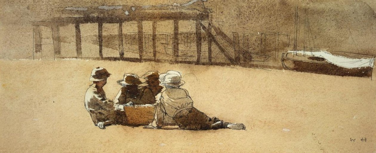 Fire drenge på en strand af Winslow Homer