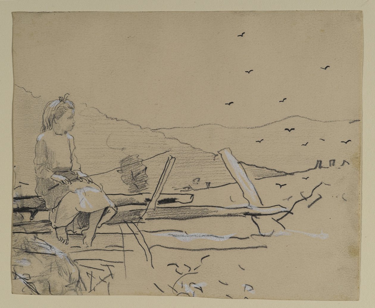 Pige siddende på skinnehegn, 1879 (grafit med kinesisk hvidt på papir) af Winslow Homer