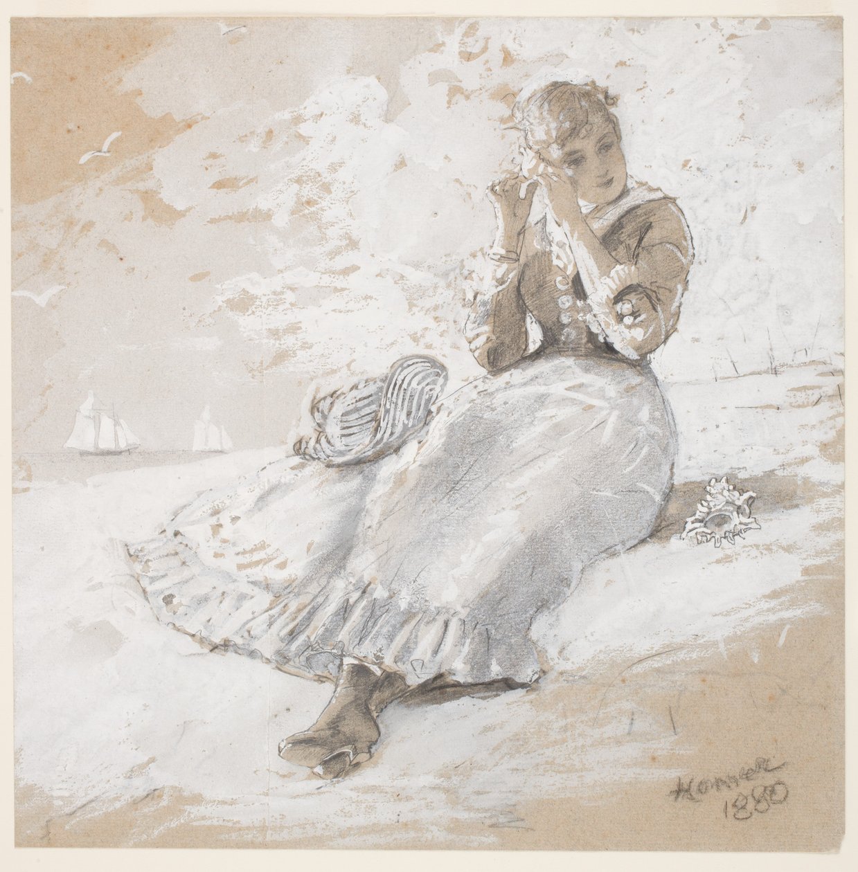Girl with Shell at Ear, 1880 (grafit, kul og hvid gouache på papir) af Winslow Homer