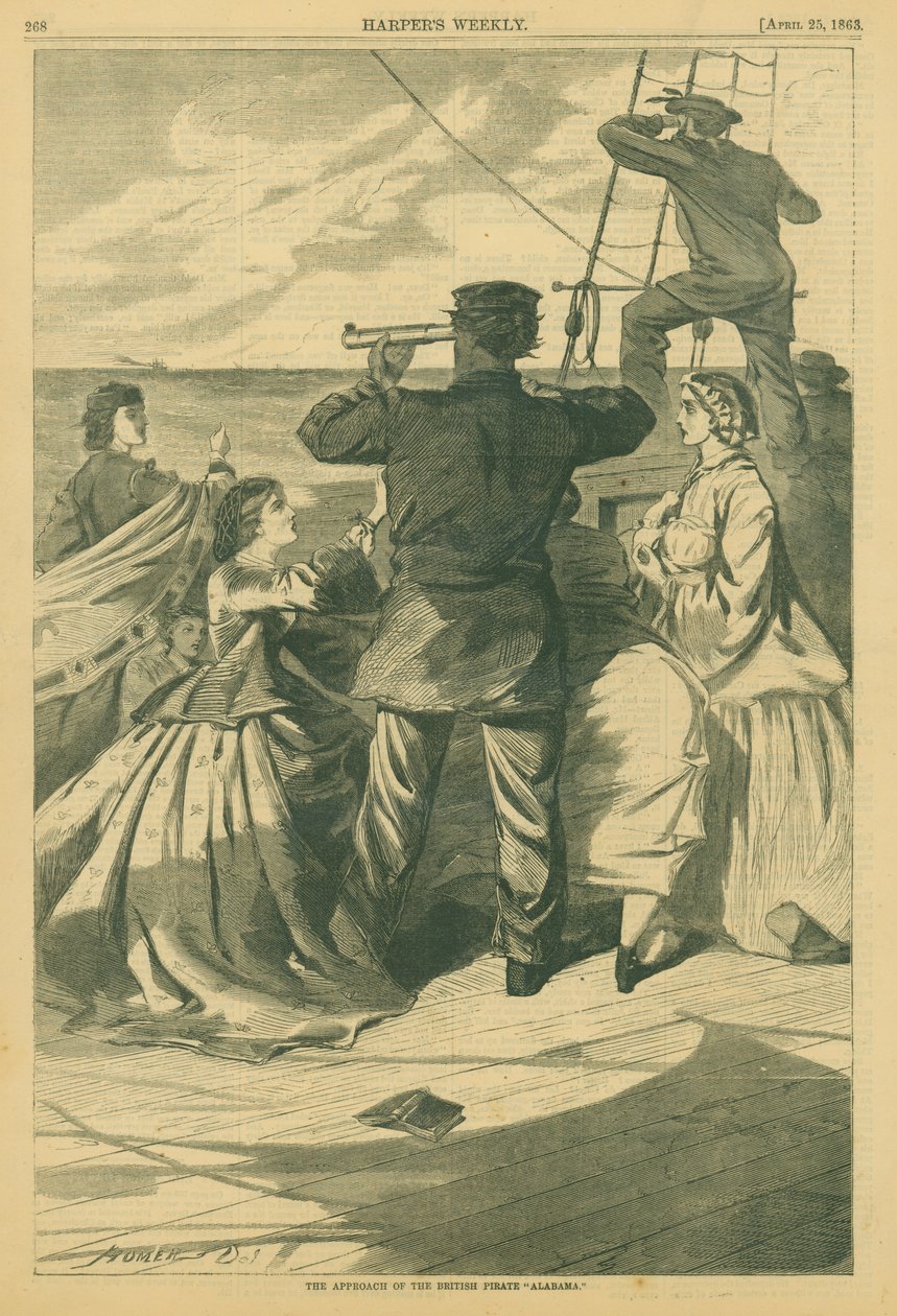 Udskrivning af en flådeofficer, der kigger gennem et spyglas på et skib i det fjerne, mens flere damer klemmer sig omkring ham af Winslow Homer