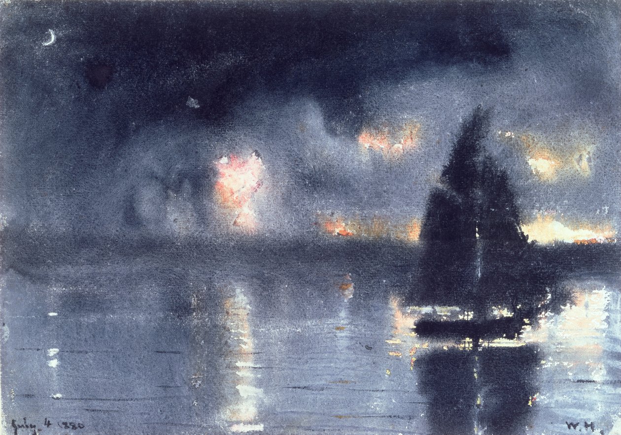 Sejlbåd og fyrværkeri fra den fjerde juli, 1880 (wc på papir) af Winslow Homer
