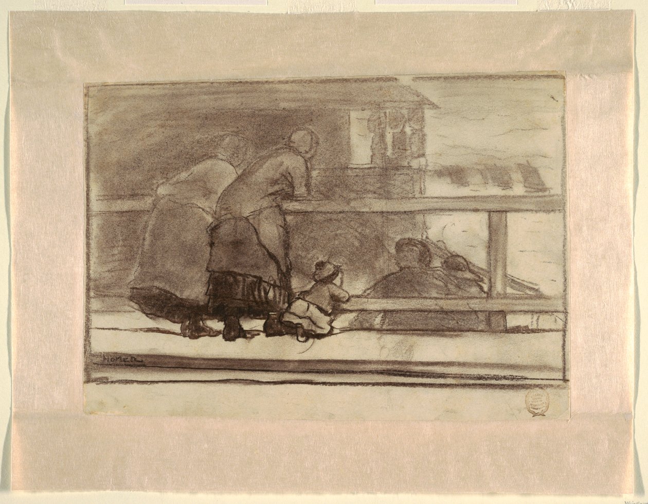 To kvinder og et barn på en skinne med udsigt over stranden ved Tynemouth af Winslow Homer