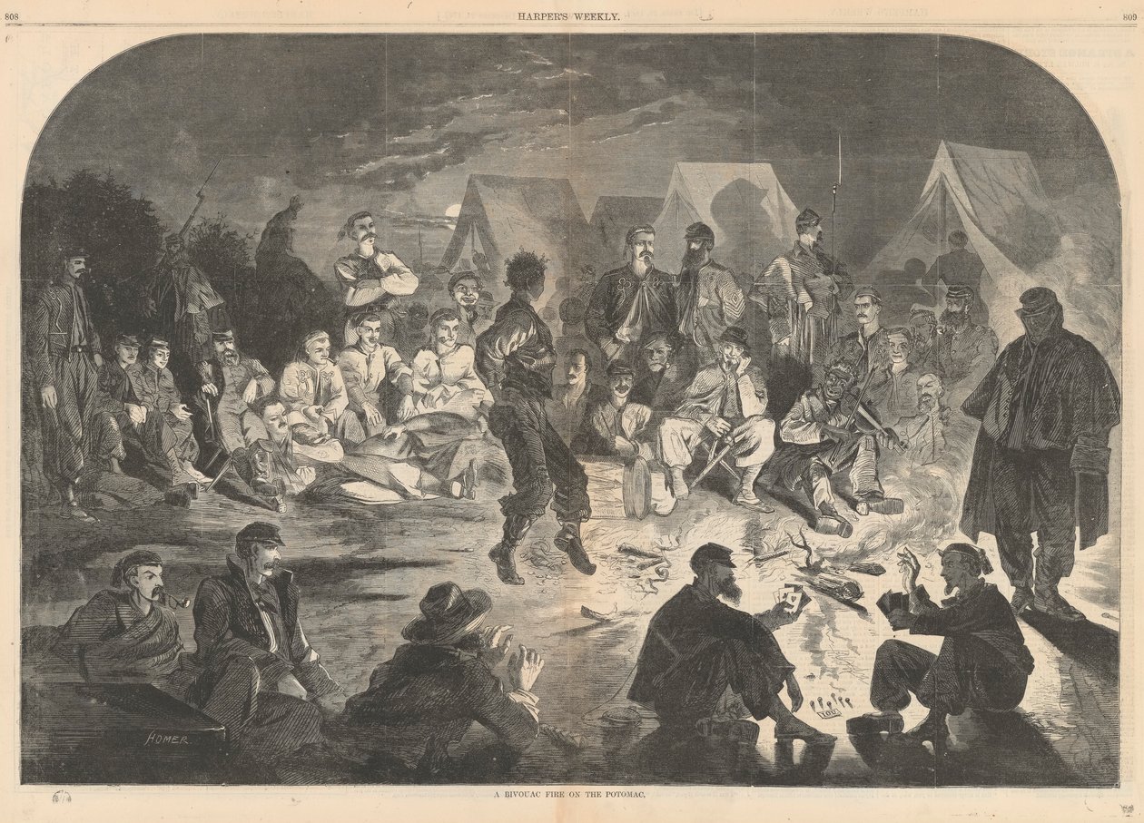 En bivuakbrand på Potomac; fra Harper af Winslow Homer