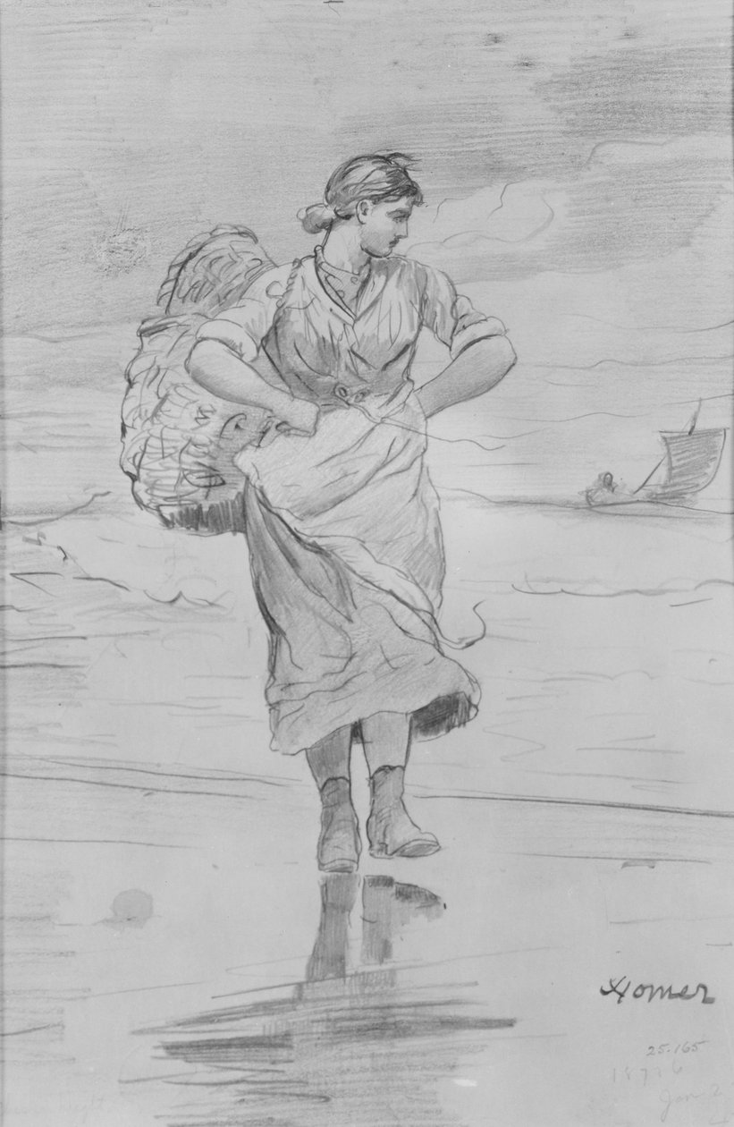 En fiskerpige på stranden (skitse til illustrationen af »The Incoming Tide«) af Winslow Homer