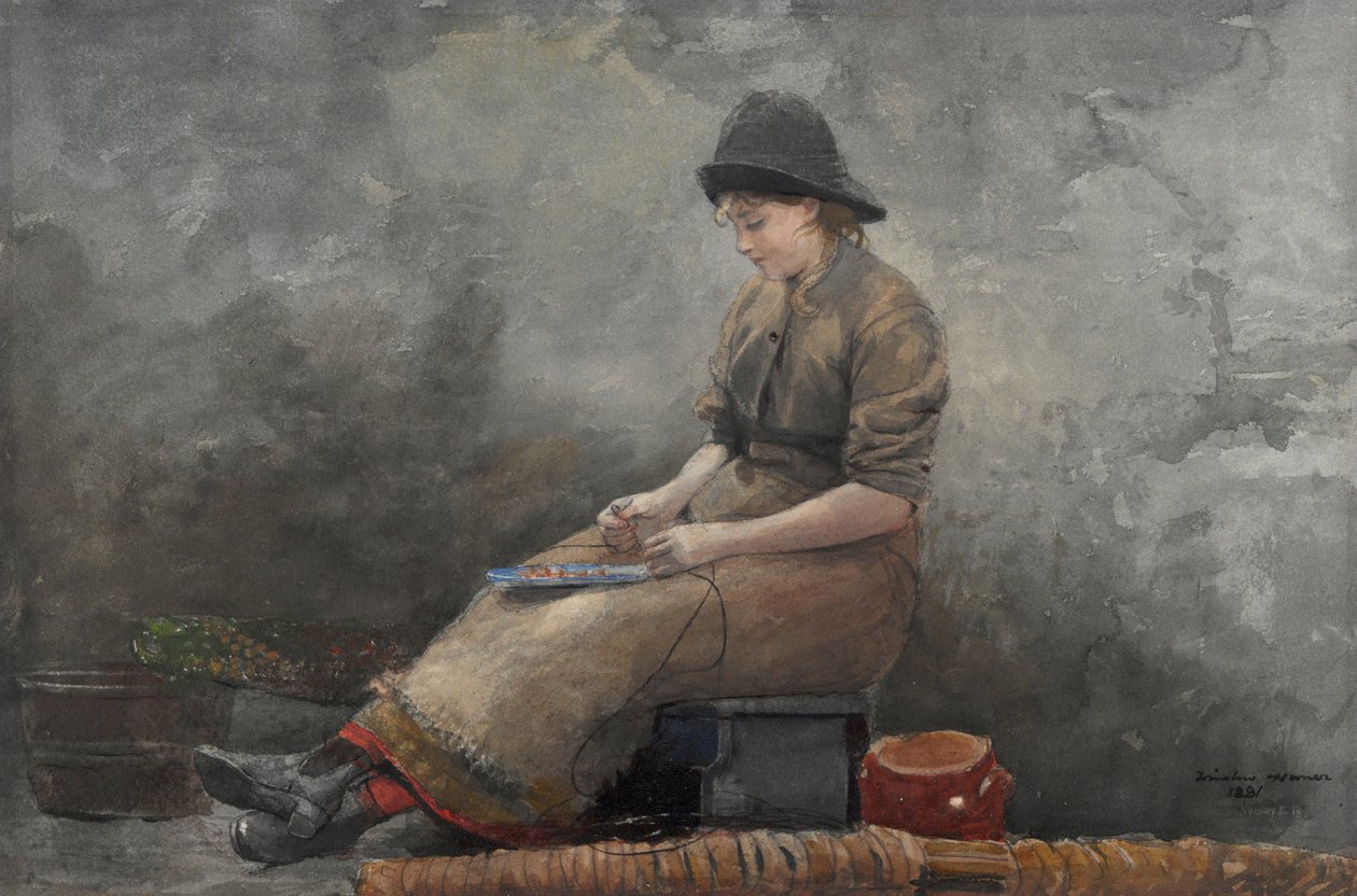 En Fishergirl Baiting Lines af Winslow Homer