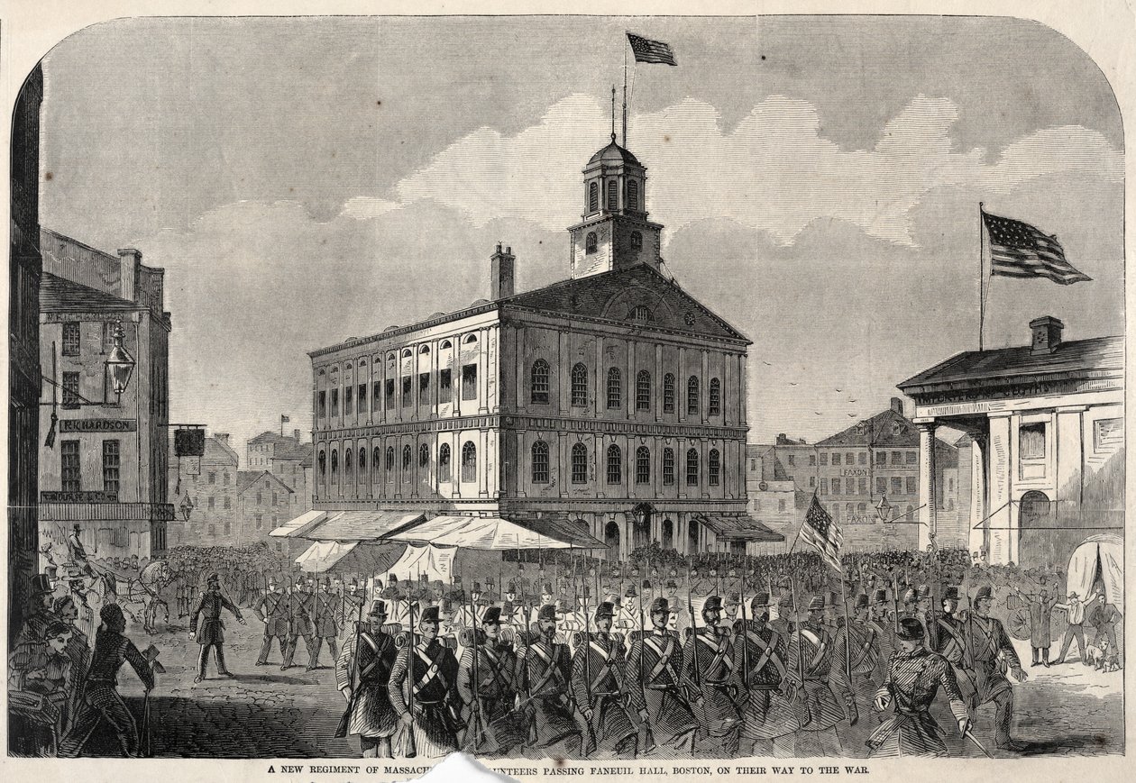 Et nyt regiment af frivillige fra Massachusetts passerer Faneuil Hall, Boston, på vej i krig af Winslow Homer
