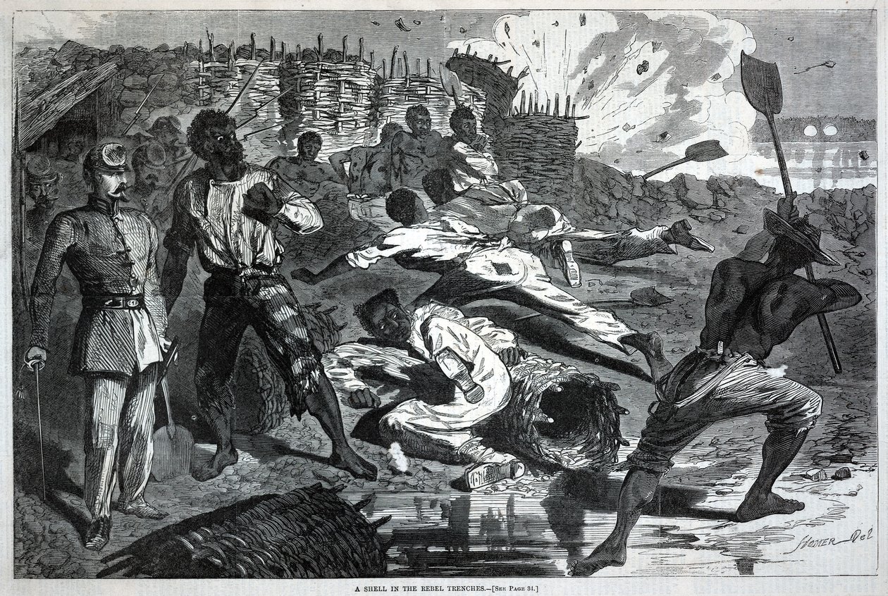 En granat i oprørernes skyttegrave, fra Harper’s Weekly, 17. januar 1863 af Winslow Homer