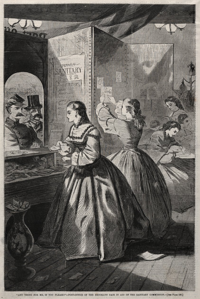 »Er der noget til mig, tak« – Postkontoret på Brooklyn-messen til fordel for Sanitetskommissionen af Winslow Homer
