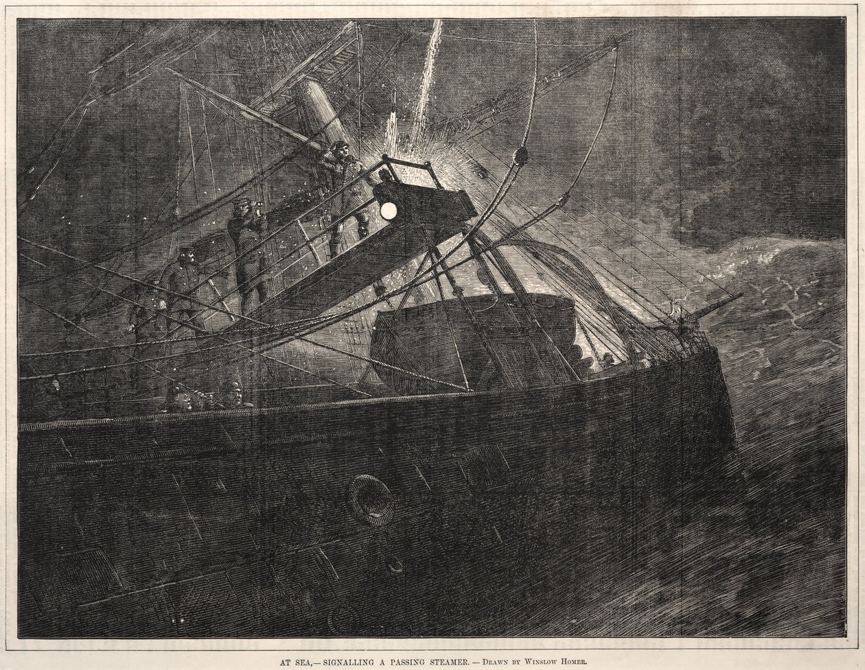 At Sea, Signaling a Passing Steamer, 1871. af Winslow Homer