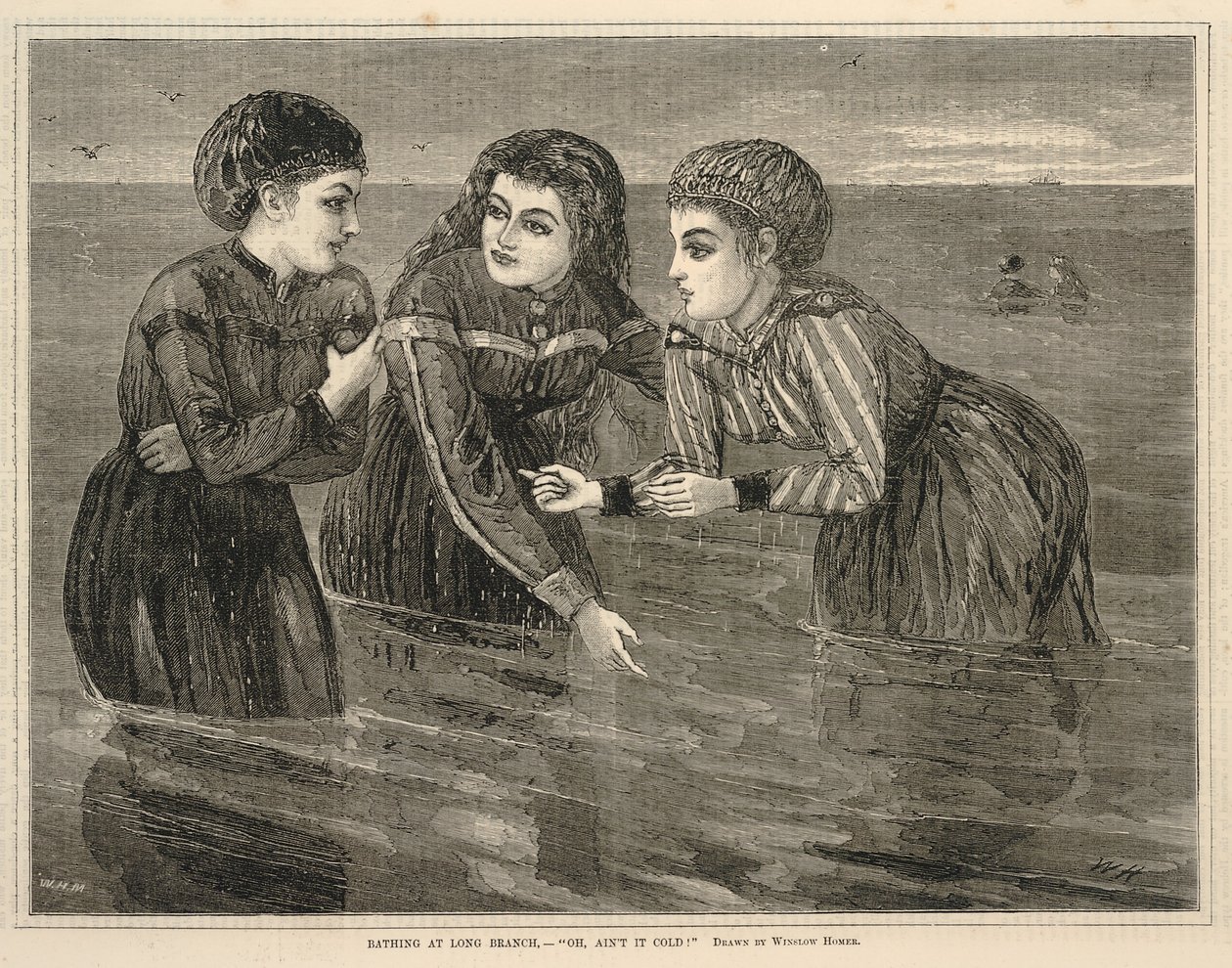 Badning ved Long Branch, --"Åh, er det ikke koldt!", fra Every Saturday, 26. august 1871 af Winslow Homer