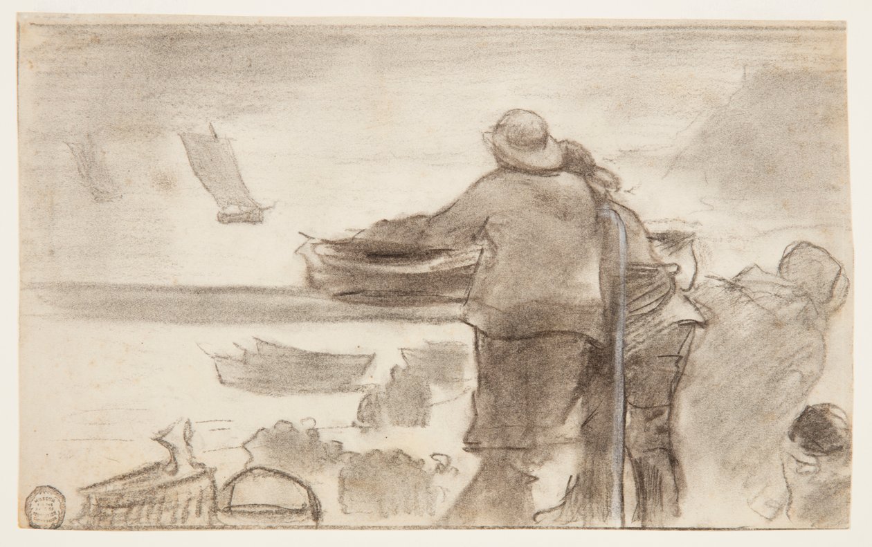 Strand med både og mennesker, Cullercoats, England af Winslow Homer