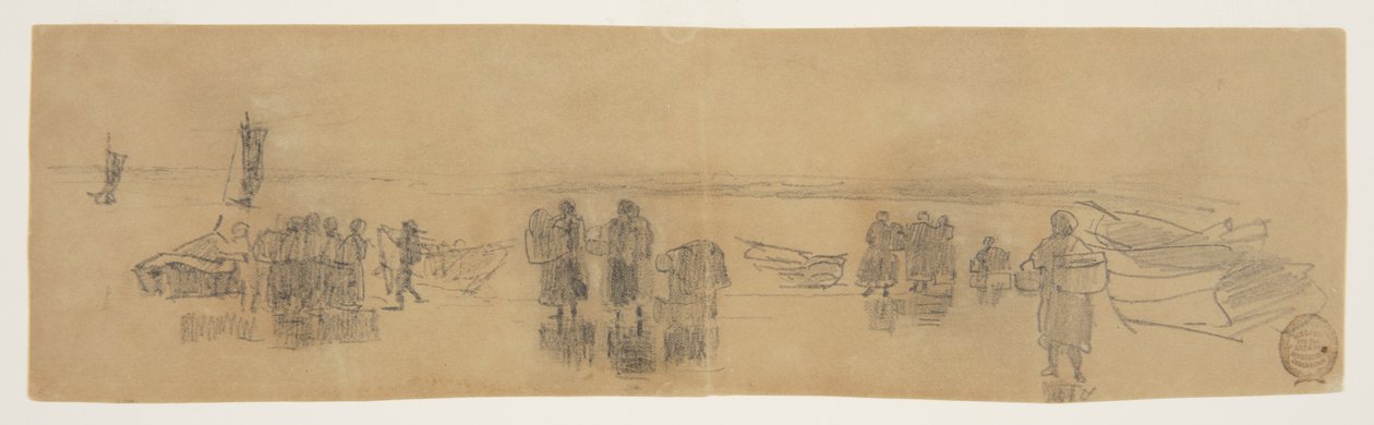 Strand med fire fiskerbåde, Cullercoats, England af Winslow Homer
