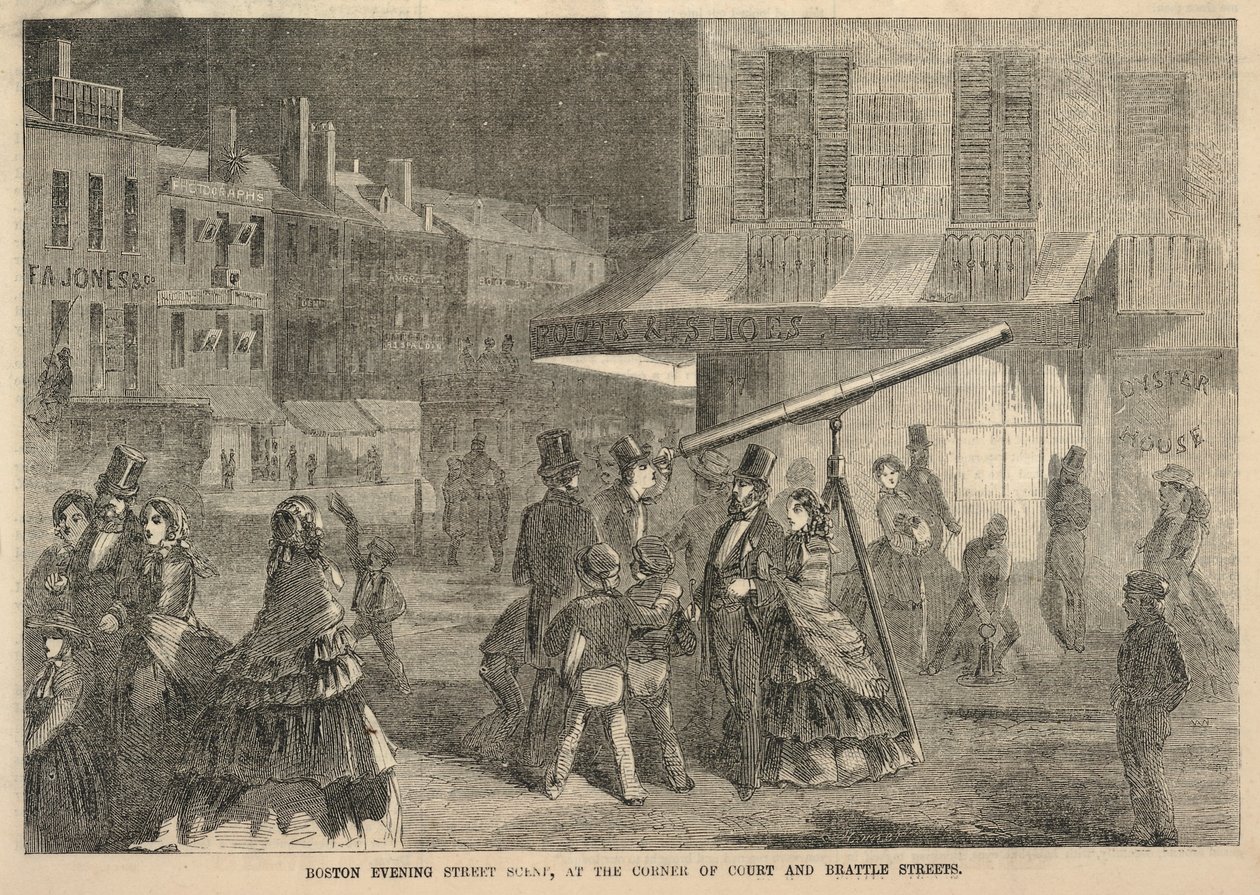 Boston Evening Street Scene, på hjørnet af Court og Brattle Streets, fra Ballou