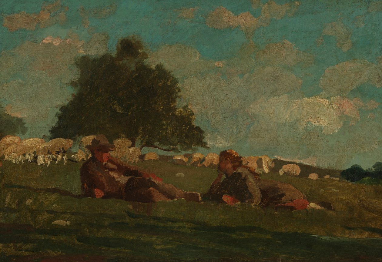 Dreng og pige på en mark med får af Winslow Homer