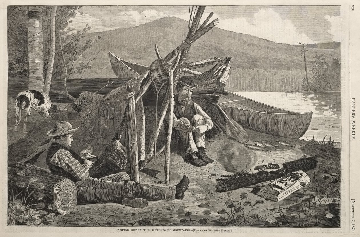 Camping i Adirondack-bjergene af Winslow Homer