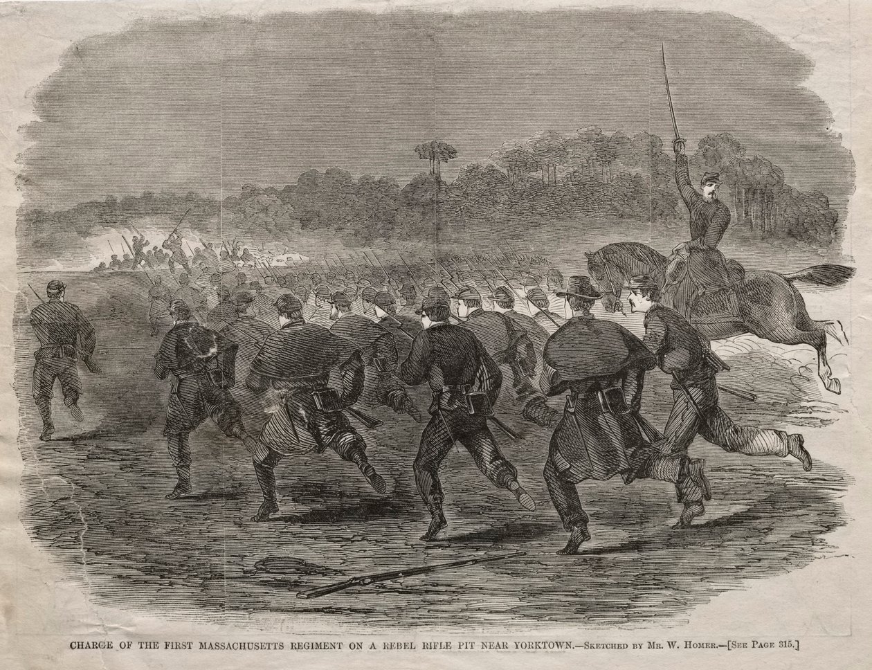 Anklager for det første Massachusetts regiment på en oprørsriffelgrav nær Yorktown, 1862. af Winslow Homer