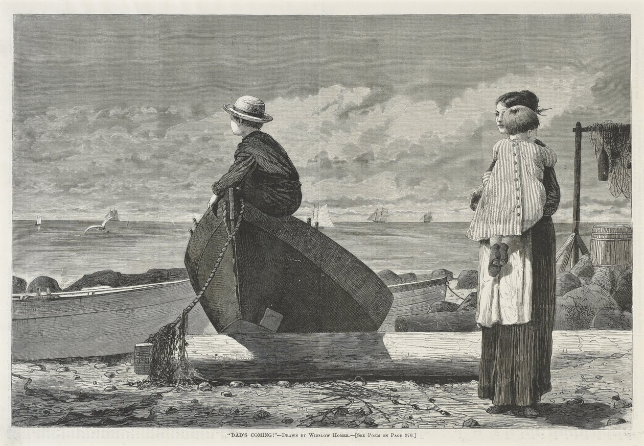 Far kommer!, 1. november 1873 (træsnit på avispapir) af Winslow Homer