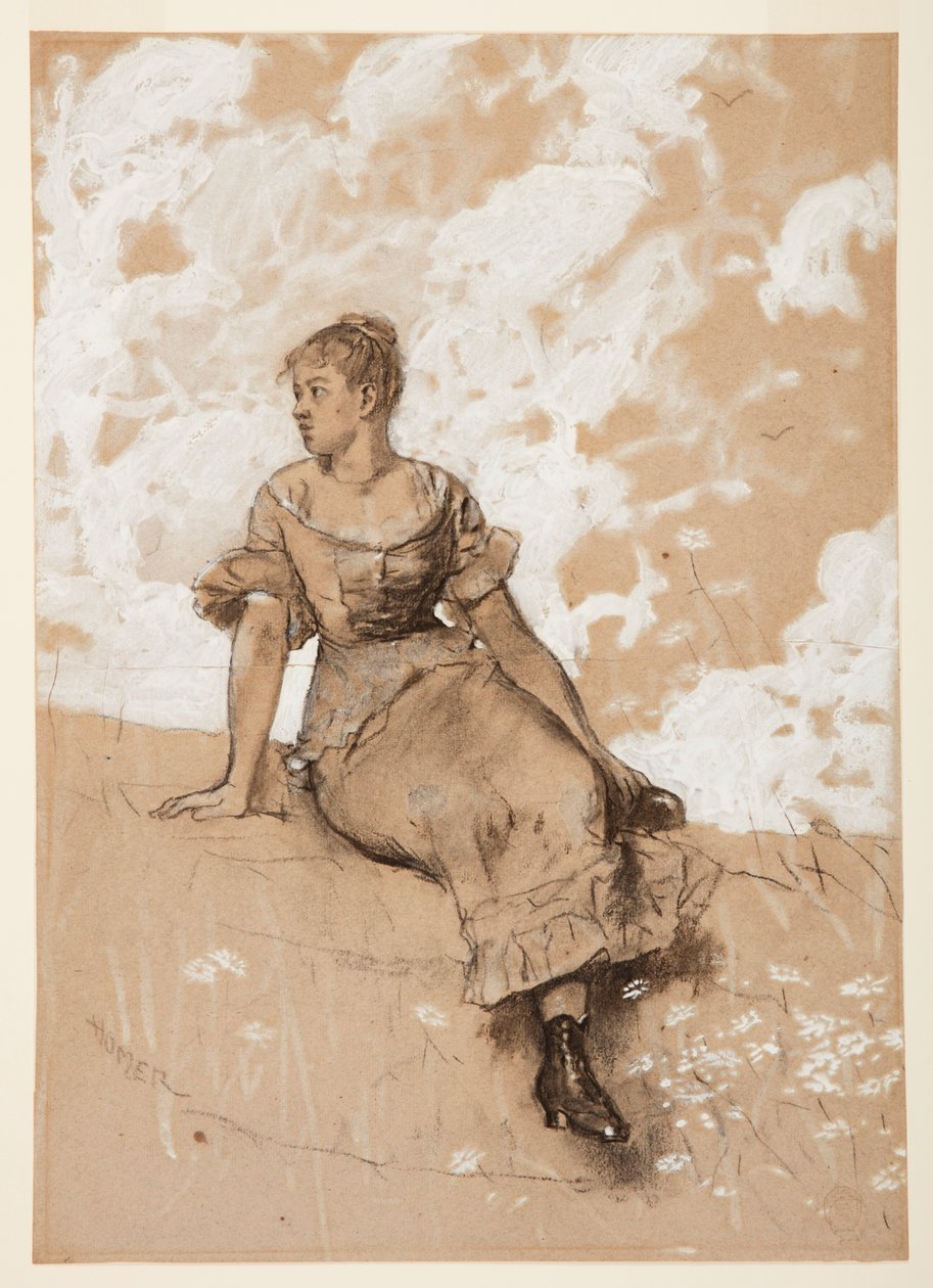 Tegning, En siddende pige; studie til "The Garden Wall", 1878 af Winslow Homer