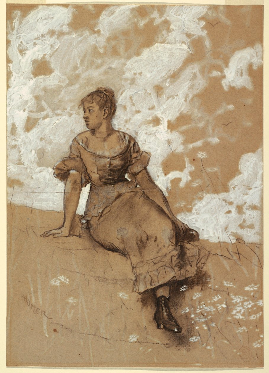 Tegning, En siddende pige; studie til "The Garden Wall", 1878 af Winslow Homer