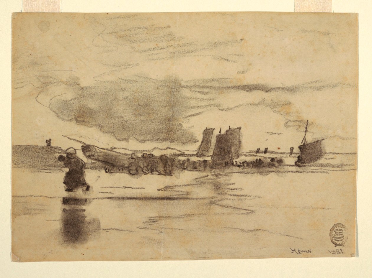 Tegning, Strand ved lavvande, Cullercoats, England, 1881 af Winslow Homer