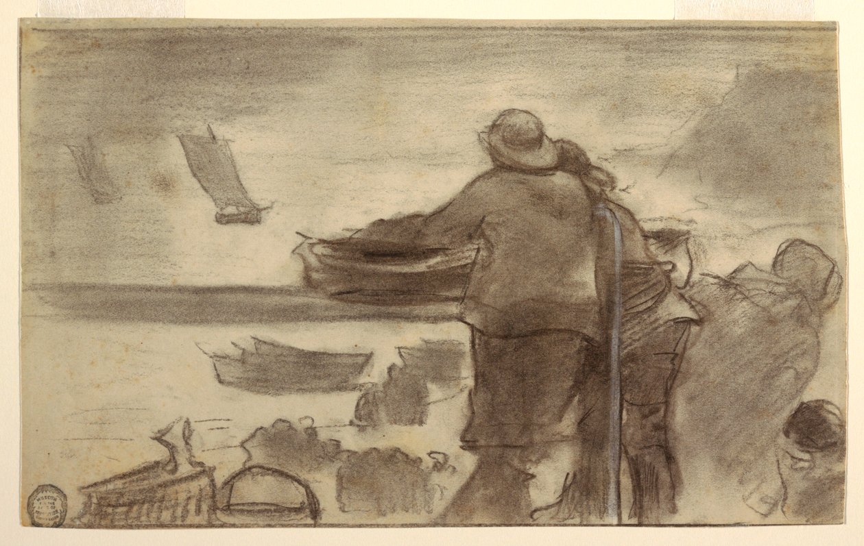 Tegning, Strand med både og mennesker, Cullercoats, England, 1881-82 af Winslow Homer