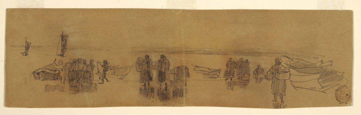 Tegning, Strand med fire fiskerbåde, Cullercoats, England, 1881-82 af Winslow Homer