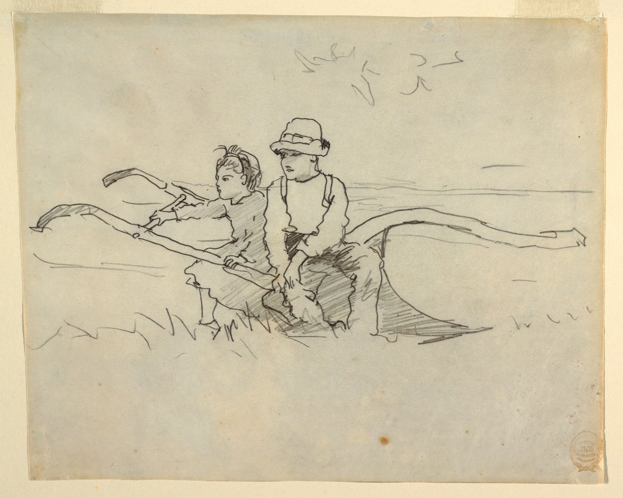 Tegning, Dreng og pige siddende på en plov, 1879 af Winslow Homer